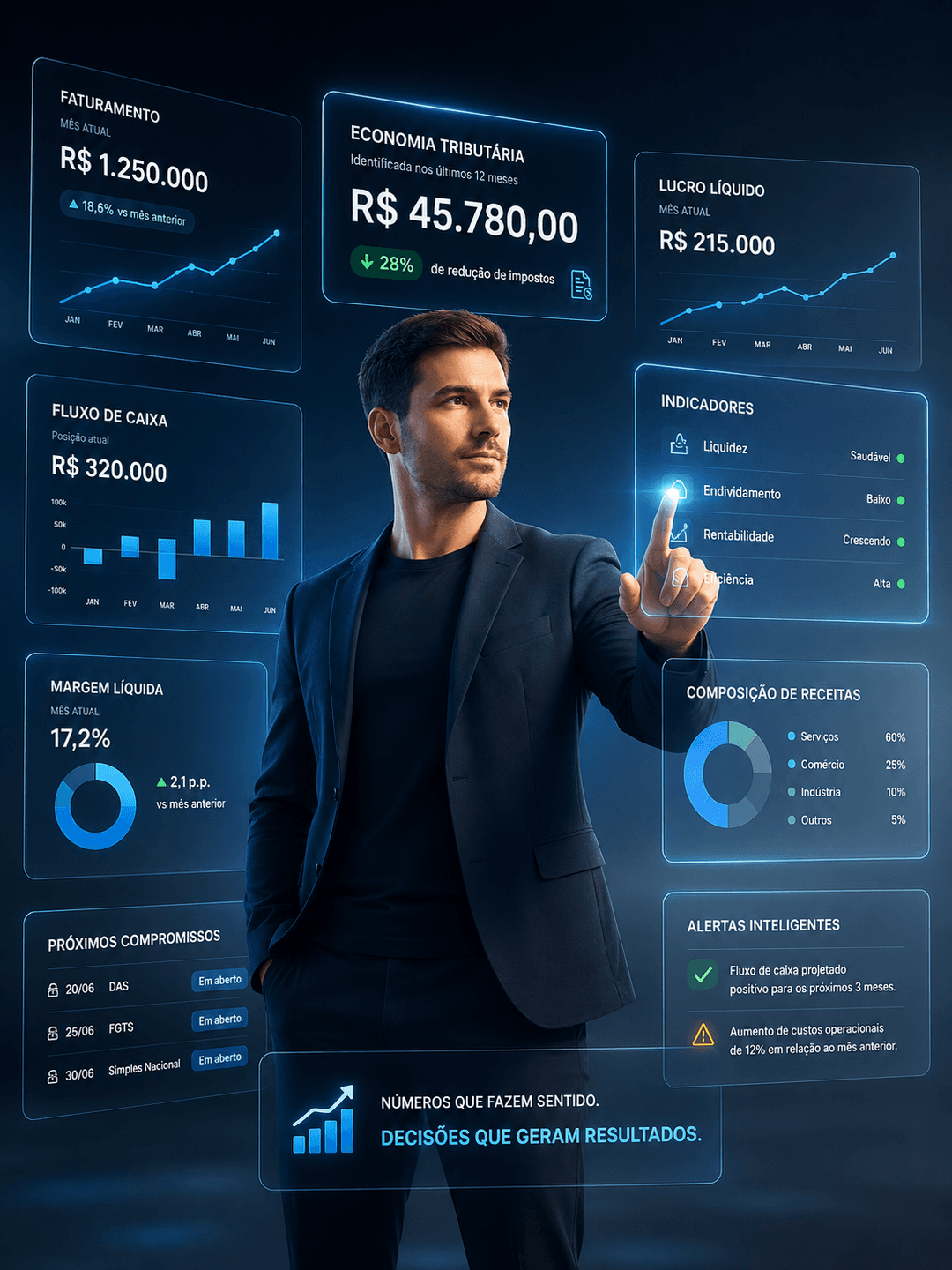 Empresário analisando dashboard financeiro com resultados da empresa